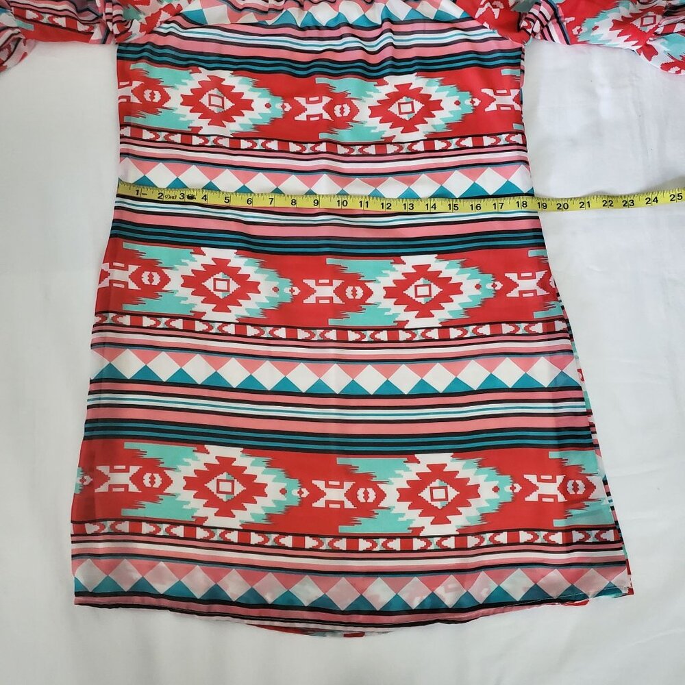 Rachel Kate Women's Aztec Print Ruffled Sleeve‎ Dress Red/Blue/Multi Size Medium - Picture 8 of 9